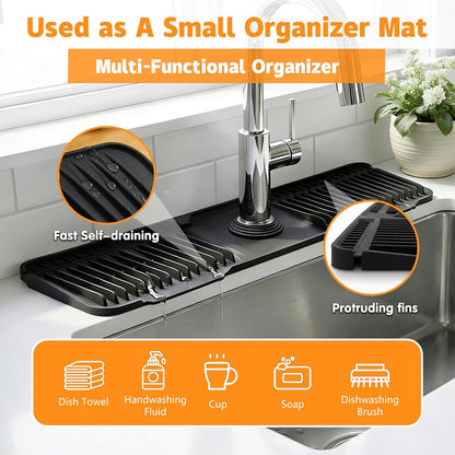Silicone Faucet Mat for Kitchen Sink, 24" Splash Guard 7° Slope Fast Drain | Adjustable hole cutout for easy install, fits kitchen & bathroom sinks; food-grade silicone, easy to clean, keeps counter dry