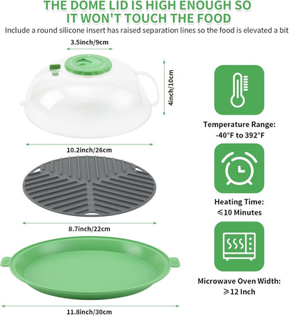 Microwave Splatter Cover Lid for Food 10.2 Inch with Water Steamer, Clear Microwave Splash Guard Cooker Lid with Plate, Dish Bowl Plate Serving Cover Cookware High Transparent Plastic Black
