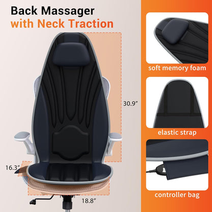 Vibration Massage Seat Cushion with Heat, Full Back & Neck Massager for Chair, 8 Motors Massage Pad with Adjustable Lumbar Support, Heated Chair Cushion for Office Home Recliner