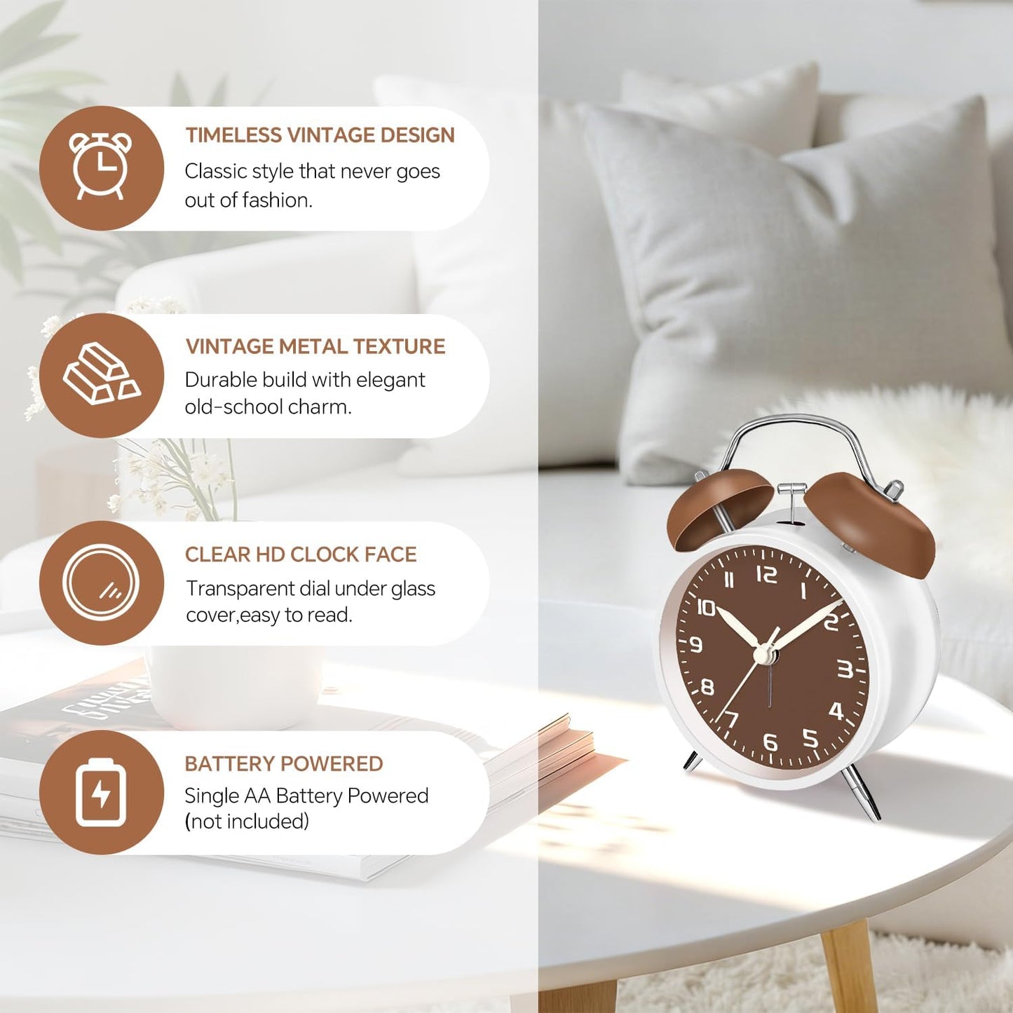 4.5" Analog Alarm Clock for Heavy Sleepers, Loud Battery Operated Alarm Clocks with Light, Metal Silent Desk Clock for Bedrooms, Retro Bedside Clocks for Kids Girls Women Mother Seniors, Pink
