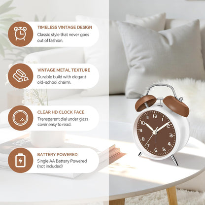 4.5" Analog Alarm Clock for Heavy Sleepers, Loud Battery Operated Alarm Clocks with Light, Metal Silent Desk Clock for Bedrooms, Retro Bedside Clocks for Kids Girls Women Mother Seniors, Pink