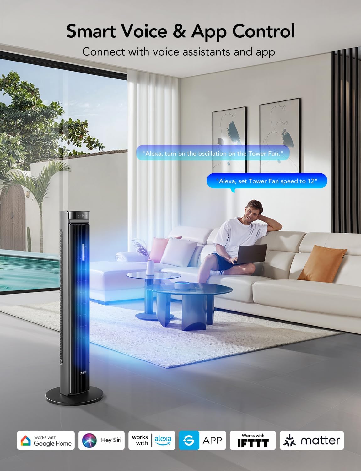 GoveeLife 42'' Tower Fan for Bedroom, Smart Floor Fans with 150° Adjustable Oscillating, APP & Voice Control, 5 Modes 12 Speeds up to 26ft/s, 24H Timer, 27dB Quiet Fan for Cooling Home Office Silver | Smart Floor Fans for Bedroom, up to 26ft/s, APP &