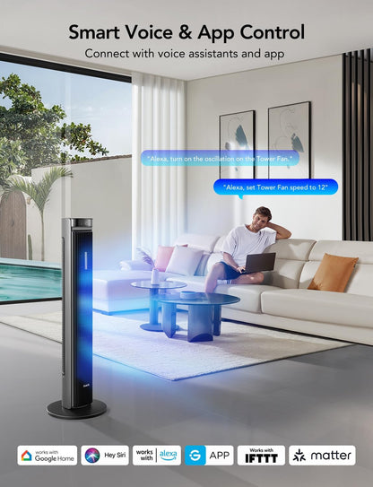 GoveeLife 42'' Tower Fan for Bedroom, Smart Floor Fans with 150° Adjustable Oscillating, APP & Voice Control, 5 Modes 12 Speeds up to 26ft/s, 24H Timer, 27dB Quiet Fan for Cooling Home Office Silver | Smart Floor Fans for Bedroom, up to 26ft/s, APP &