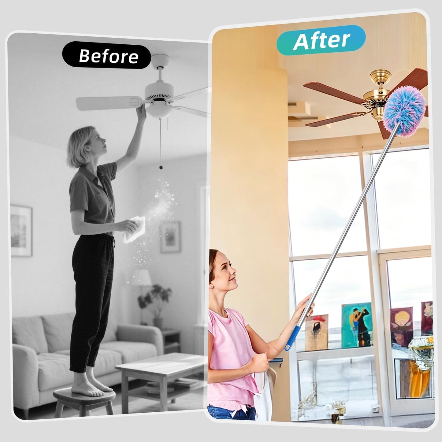 DRQ Ceiling Fan Cleaner Duster with 13-48 in Extension Pole, Blue | Detachable, Washable Microfiber Brush Head Is Reusable for Ceiling Fan Blades, Walls, Bookshelves, Door Tops and Window Tops