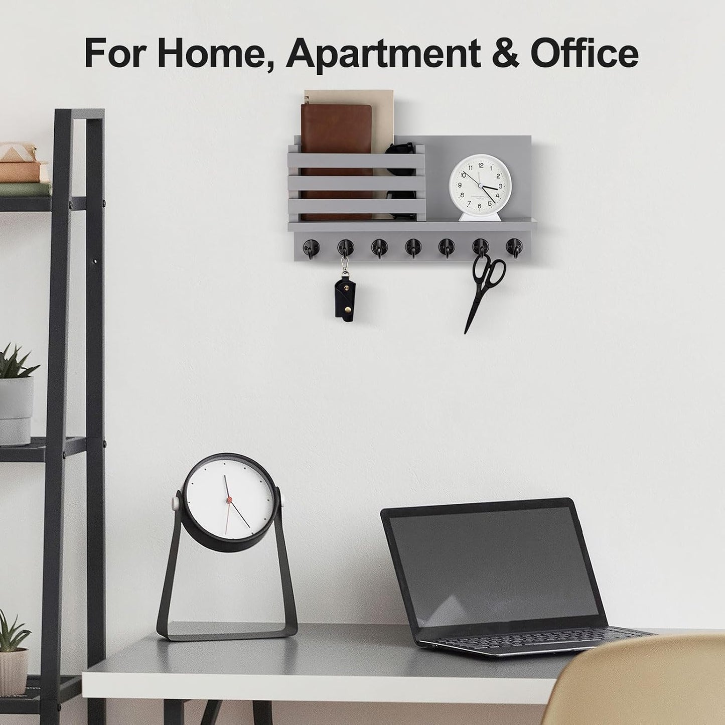 Lwenki Key Holder for Wall – Decorative Wooden Mail Holder and Key Shelf with Mounting Hardware, Installation Guide – Paulownia Wood with Metal Key Hooks (Black, Large - 11.8inch)