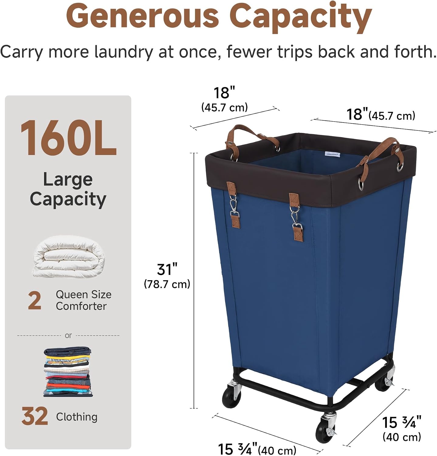 StorageWorks 160L Laundry Basket with Wheels, Rolling Hampers for Clothing | Beige Laundry Basket with Wheels, Metal Frame & Handles, Rolling Hamper for Bedroom, Bathroom, Dorm, Hotel
