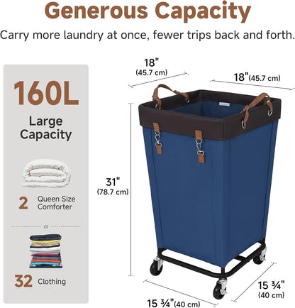 StorageWorks 160L Laundry Basket with Wheels, Rolling Hampers for Clothing | Beige Laundry Basket with Wheels, Metal Frame & Handles, Rolling Hamper for Bedroom, Bathroom, Dorm, Hotel