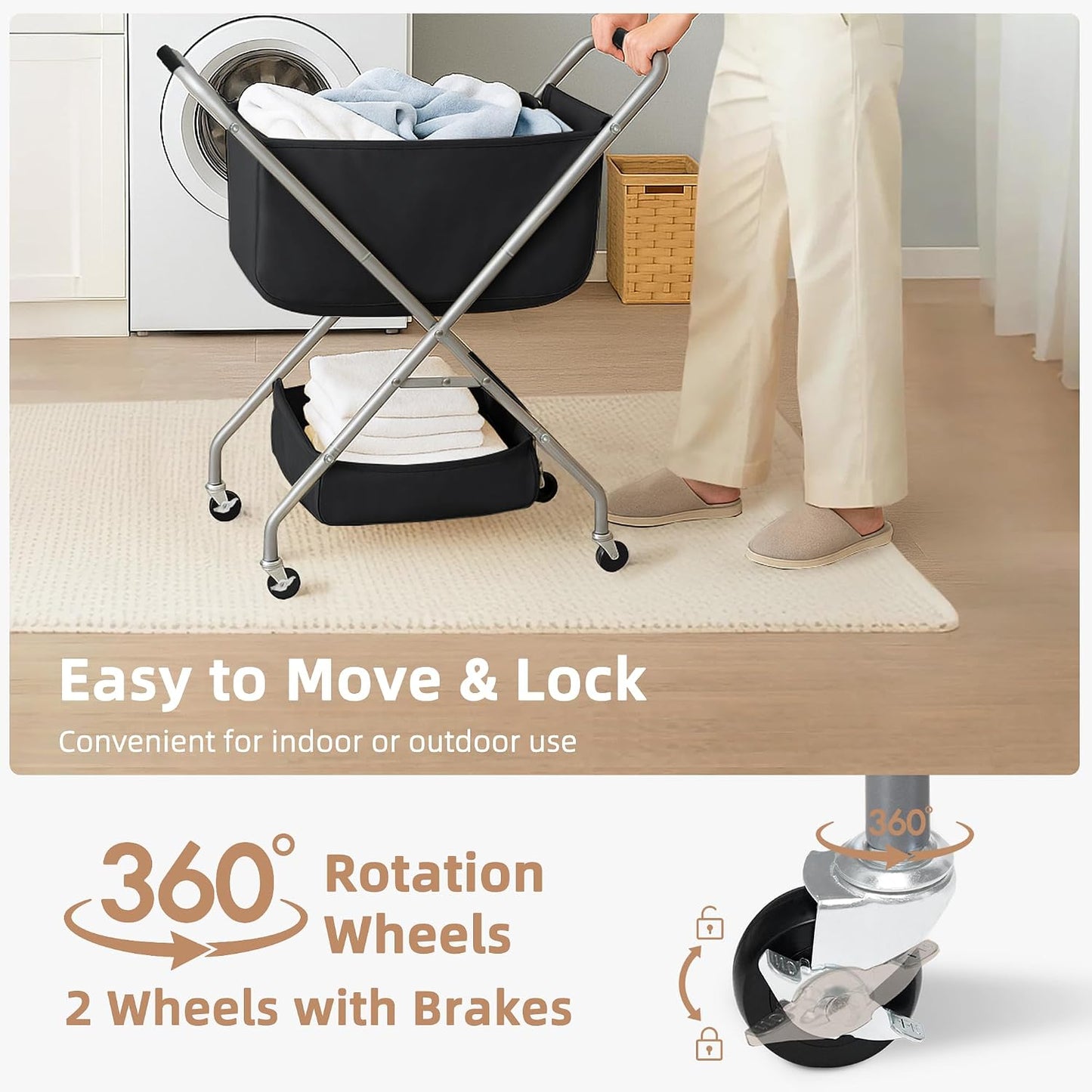 STORAGE MANIAC Collapsible Laundry Cart with Wheels 35.6"H Removable Canvas Bag Rolling Laundry Hamper Clothes Basket with Wheels, Sturdy Steel Frame Folding for Small Narrow Space Easy Storage, Beige