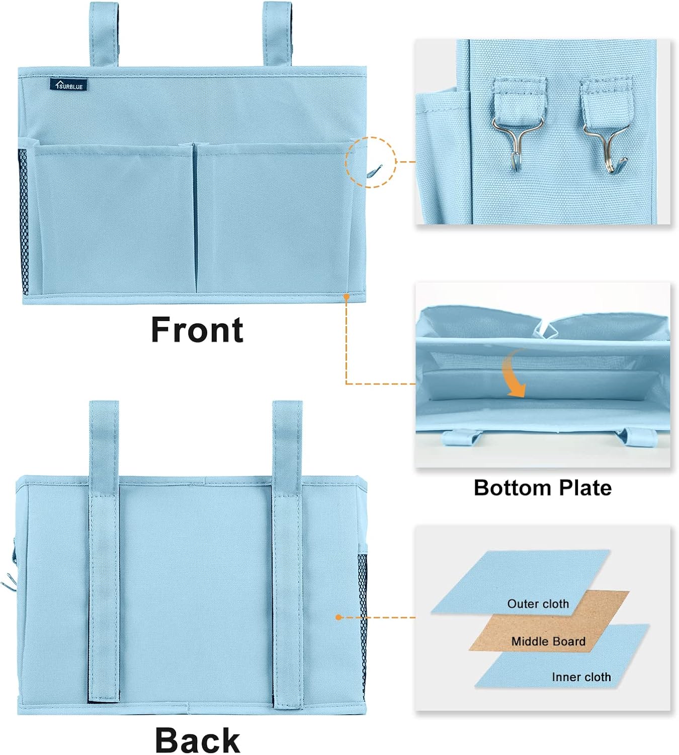 Surblue Bedside Caddy Hanging Organizer Storage Bag Pocket for Bunk, Hospital, College Dorm Rooms, Baby Bed Rails, Camp - 4 Pockets, 2 Hooks (Blue)