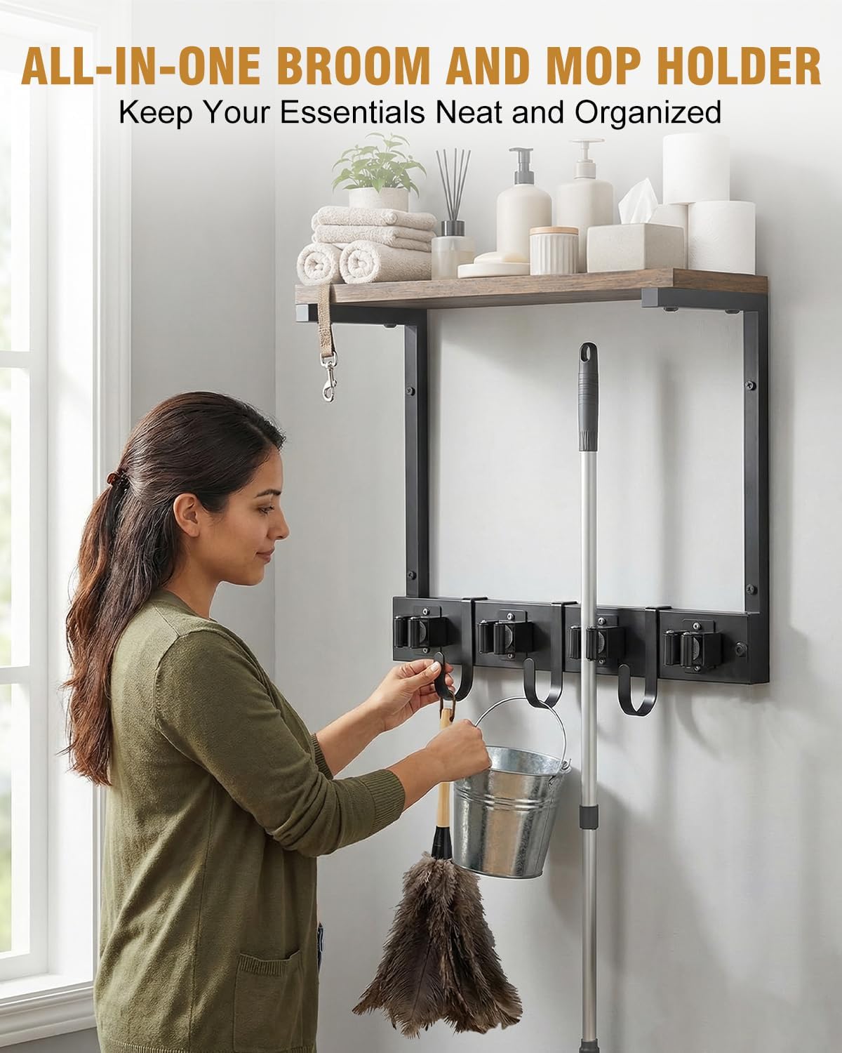 Large Broom Holder Wall Mount with Shelf, Vacuum Organizer, 5 Slots 5 Hooks | Black, 3-In-1 Wall Mount Stores Brooms/Mops/Vacuum, Cleaning Supplies With 5 Grippers/5 Hooks And A Sturdy Wooden Top Shelf