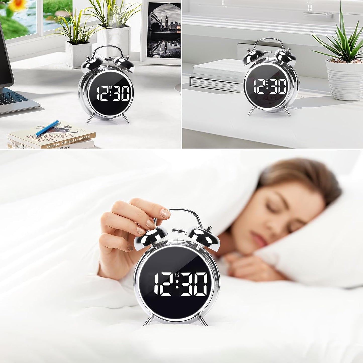 Digital Small Alarm Clock, 4.5 Inch Double Bell Electronic LED Alarm Clock, Plug in or Battery Operated Silent Metal Table Clock, Modern Loud Bedside Clock for Heavy Sleepers Adults Kids (Black)