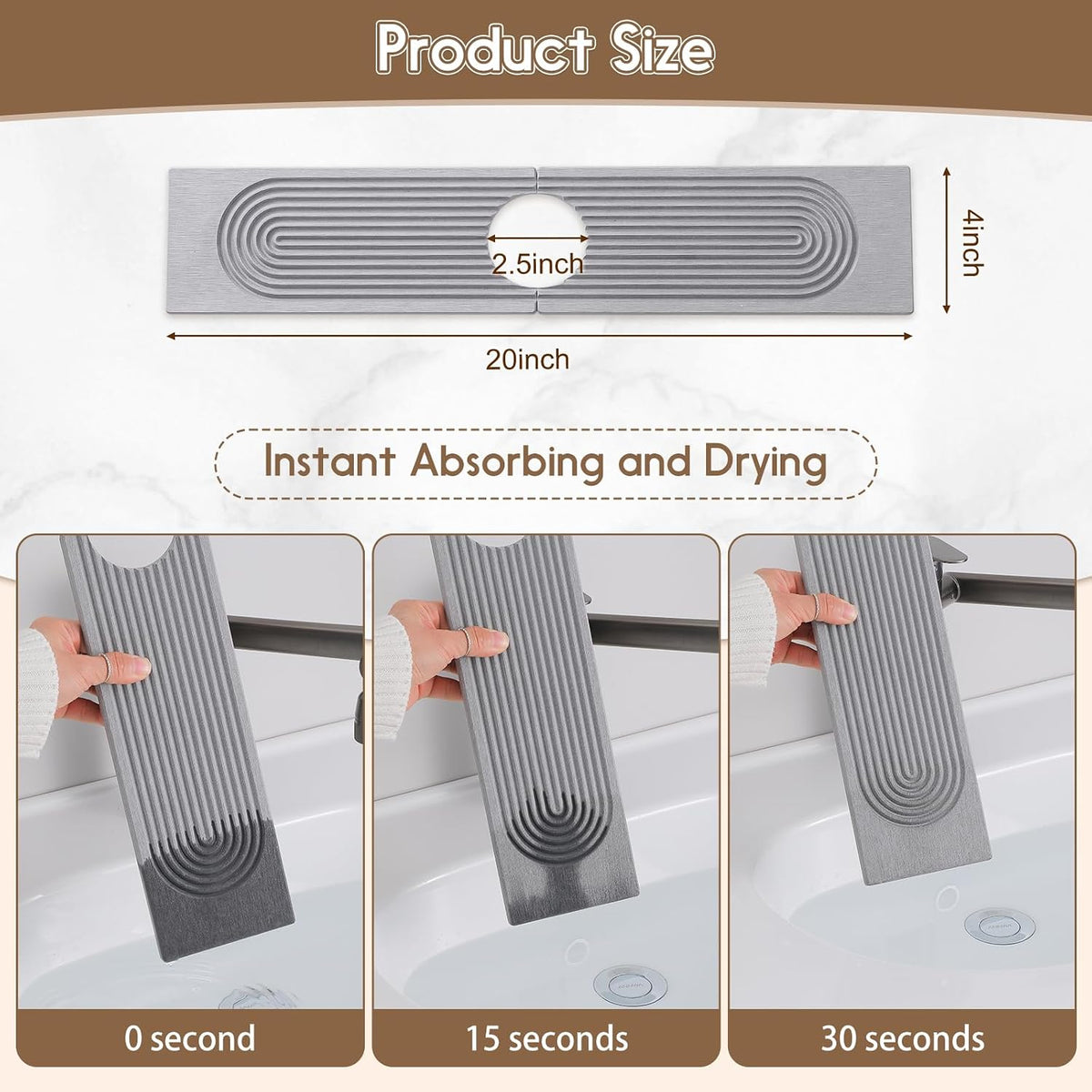 Faucet Mat for Kitchen Sink, Diatomite Quick Drying Tray , 15.8 Inch Kitchen Sink Splash Guard and Bathroom Stone Trays for Counter. Super Absorben.White.