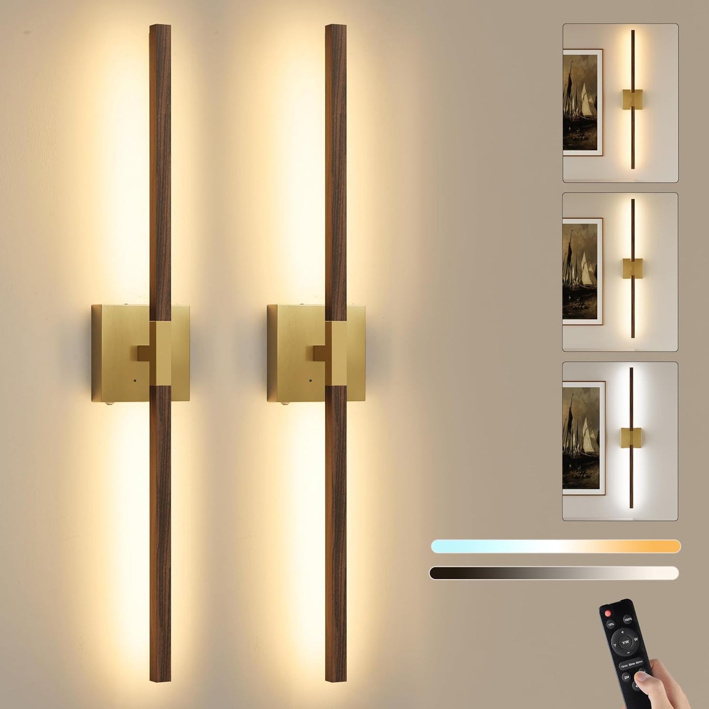 8000mAh Battery Operated Wall Sconce with Remote Control, 3000K-6000K Dimmable Black Wireless Rechargeable Wall Sconces Set of Two with Timer Function for Living Room, Bedroom, Stairwell, TV 24 Inch
