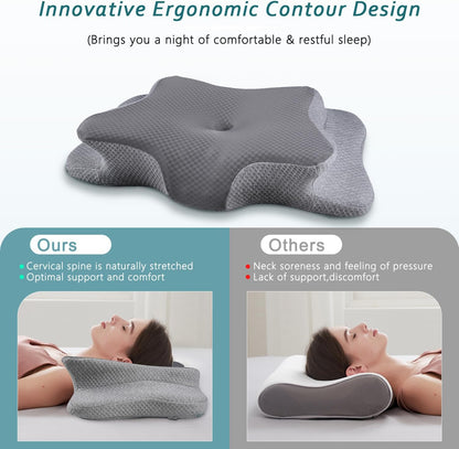 CHxxy Memory Foam Pillows, Cervical Pillow for Neck & Shoulder Pain Relief | Ergonomic Contour Bed Pillow, Soft for Side Sleep Stomach Sleeping and Back Sleeper-Queen Size&Grey