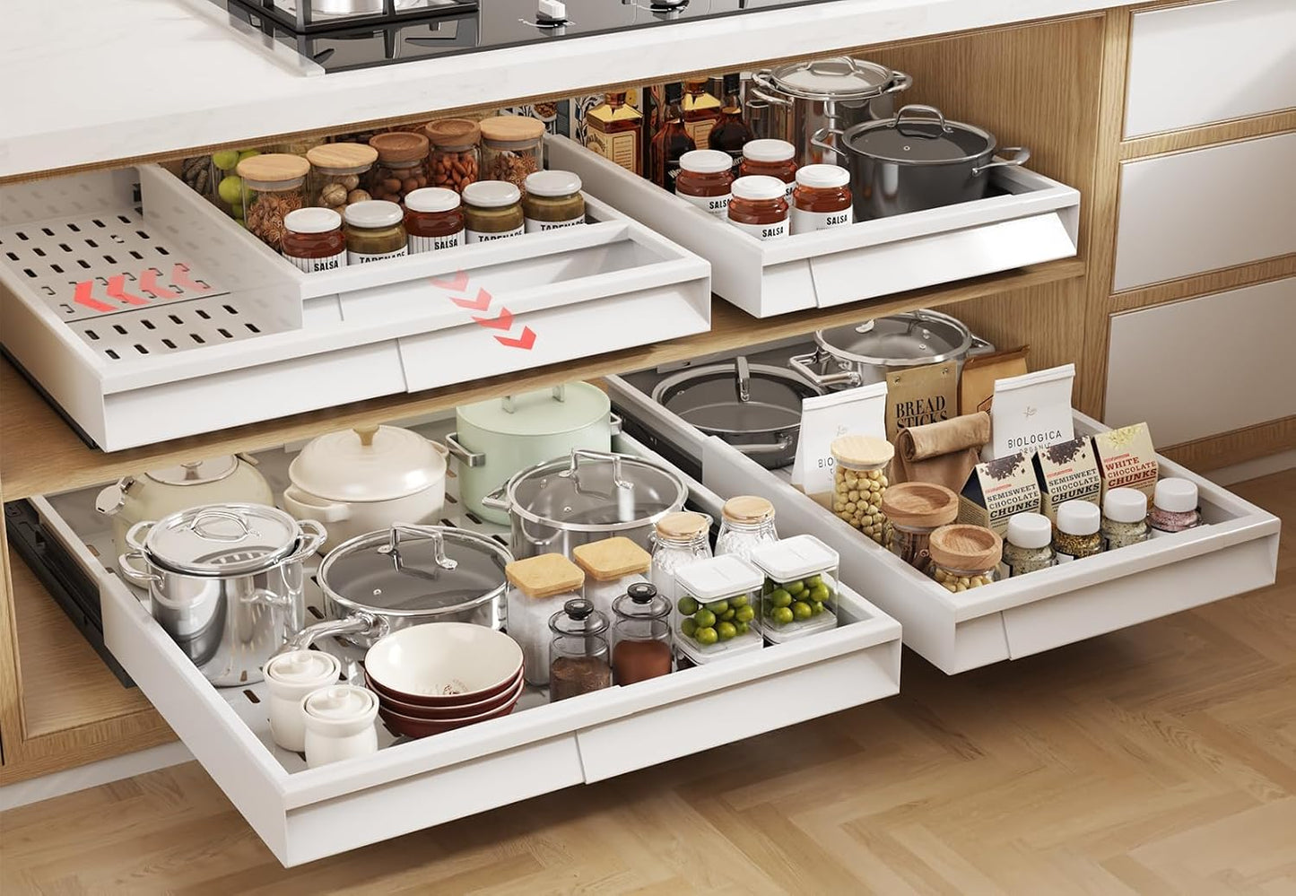 Seinloes Pull Out Cabinet Organizer, 4-Side Expandable to Fit Most Cabinets, 3 Rail Slide Out Drawers with Raising Pad for Framed & Frameless Cabinets, 13"-21" W x 17"-24" D, White, 2 Pack