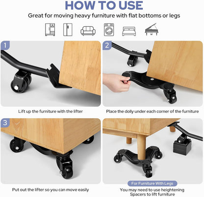 KEDSUM Furniture Dolly, 1150LBS Furniture Lifter Tool Set, 10" Heavy Duty Moving Dolly with 3 Wheels, Used for Moving Sofa, Piano, Cabinet