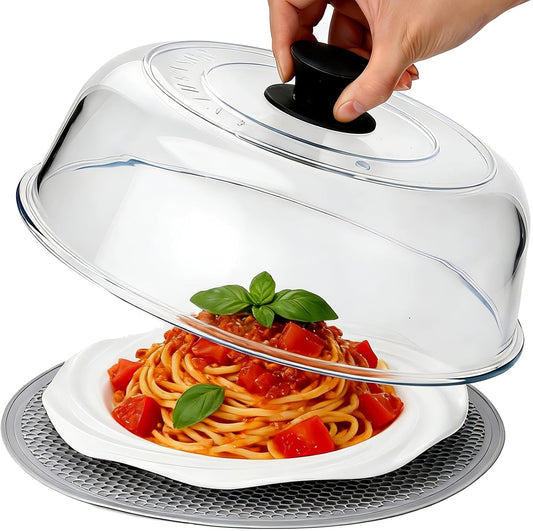 High Borosilicate Glass Microwave Splatter Cover for Food with Silicone Mat, Plate Guard Lid with Vent Hole