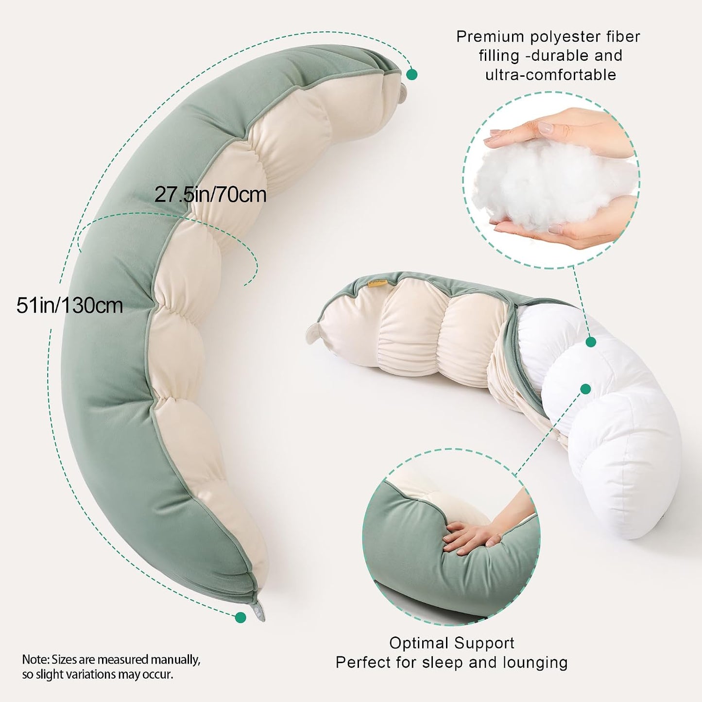 Peallow(Pat. Pend) – Long Round Body Pillow for Adults, Bolster Pillow for Sleeping, Soft and Supportive Pillow for Sleeping & Lumbar Support (Green-White, 29.5")