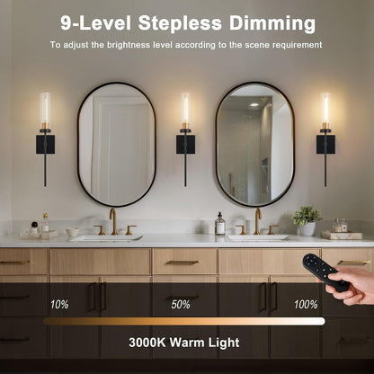 Wireless Wall Sconces with Remote Control, Battery Operated Wall Sconce Set of 2, Black & Gold Rechargeable Dimmable Wall Light for Bedroom Living room Bathroom Hallway Entryway Stairwell, 3000K
