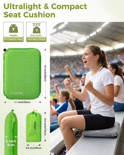 ATEPA Inflatable Seat Cushion | 2" & 2.5" foam core seat pad, Self inflating, Compact, Stadium, Airplane, Travel, Camping, Hiking, Sports events
