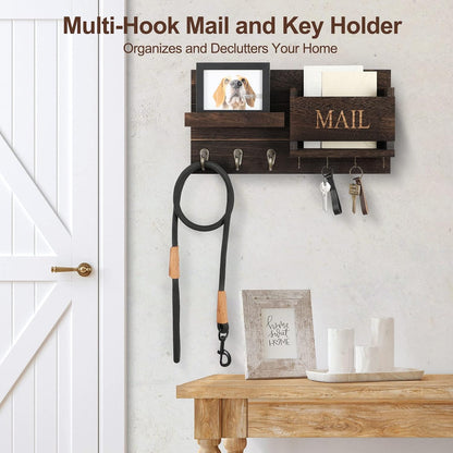 Lwenki Mail Organizer for Wall Mount – Key Holder with Shelf Includes Letter Holder and Hooks for Hallway Farmhouse Decor – Rustic Wood with Flush Mounting Hardware (16.5” x 9.1” x 3.4”) (White)