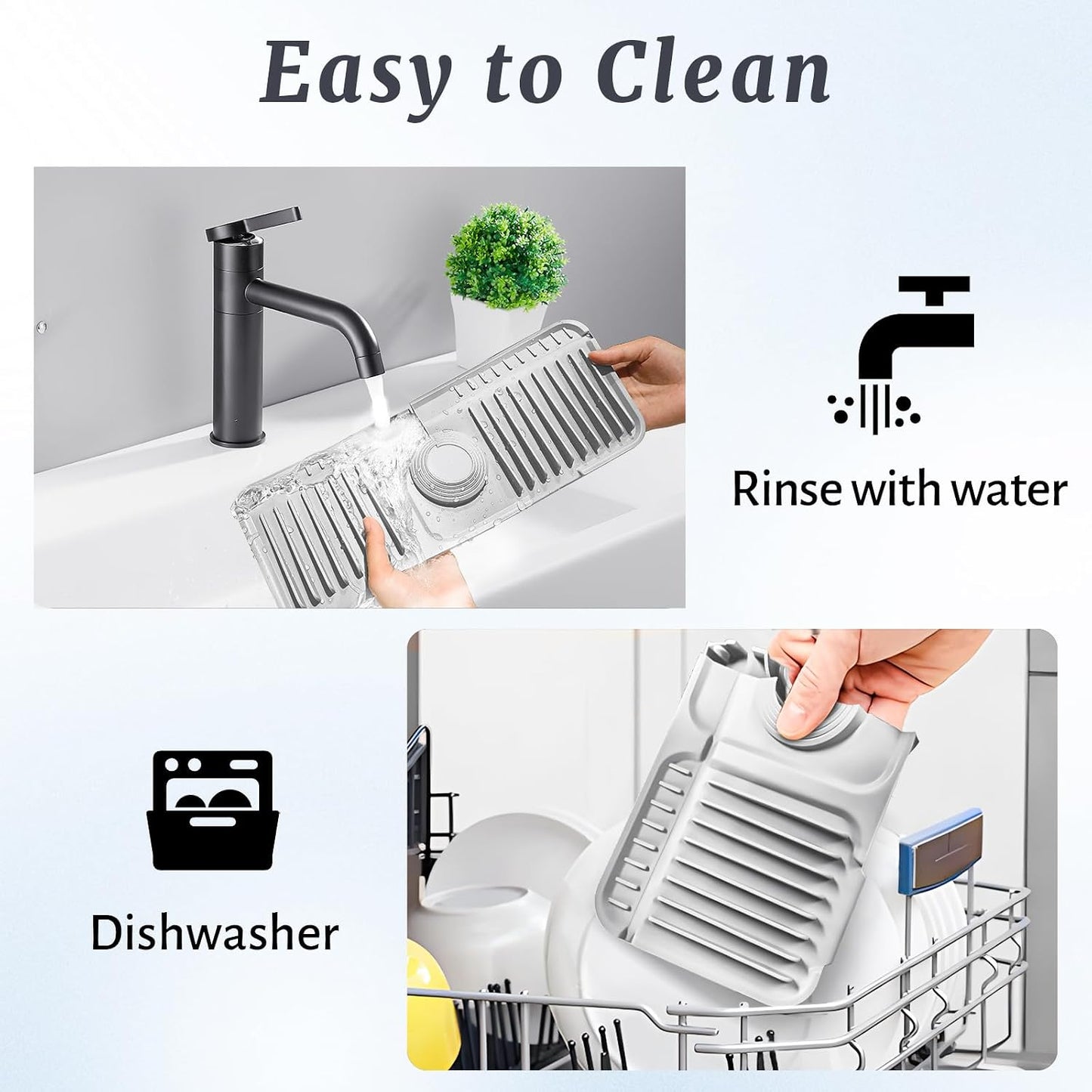 PoYang 24 Inch Faucet Mat for Kitchen Sink Splash Guard, Silicone, Black | Sink Protectors with 7° Slope for Smooth Drainage, Snap Button Holds It in Place, 90° Foldable & Cuttable Hole Fit Most Sinks