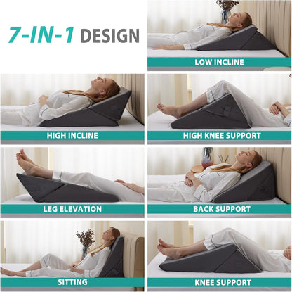 Bedluxe Wedge Pillow Headboard, 3PCS Orthopedic Bed Wedge Pillows Set for After Surgery, Adjustable Pillow Wedge for Acid Reflux&Back Pain Relief, Sleeping, Back Pillow for Bed Sitting Up, White/Grey