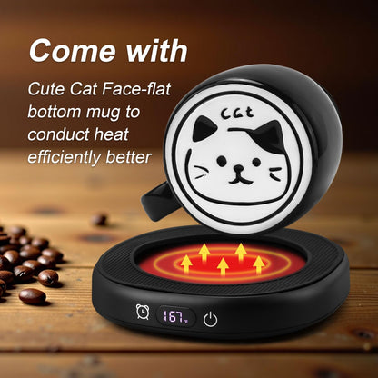 Cat Mug Coffee Mug Warmer Set for Desk Electric Heated Tea Cup Candle Plate | Cute Cat Cup Warmer Set, Self Heating Tea Warmer for Office Home, 8Hrs Auto Shut Off 4 Temperature Setting, Christmas Gift