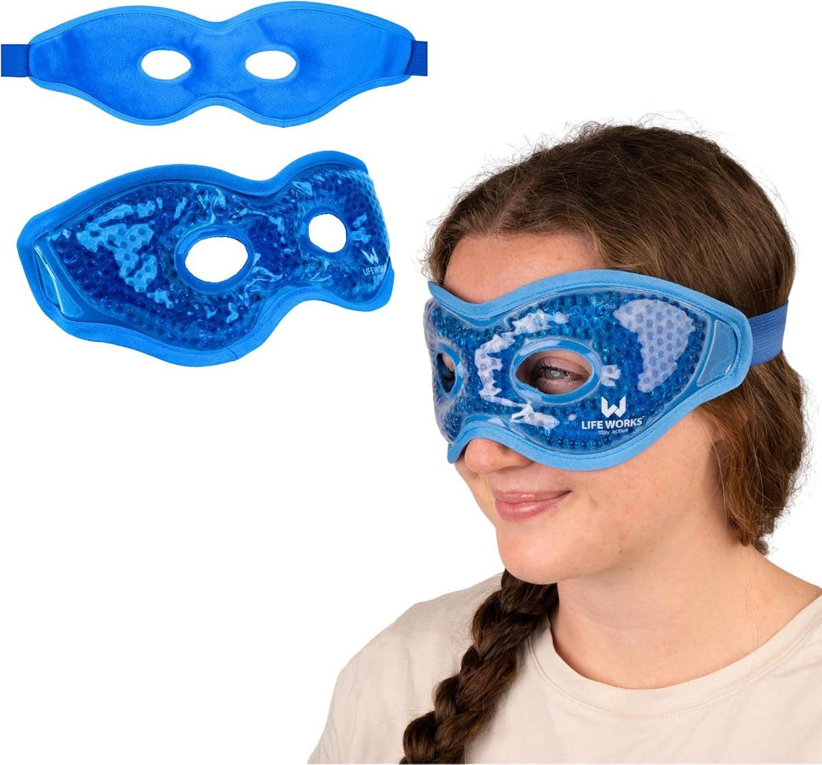 LIFE WORKS Gel Eye Mask with Cutout, Reusable, Hot or Cold, Blue