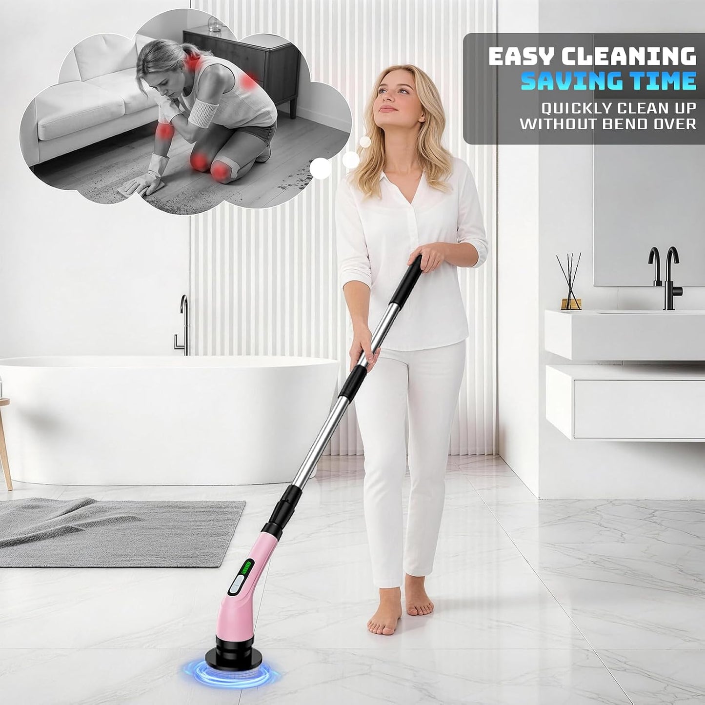 Electric Spin Scrubber, 2-Speed Cleaning Brush, Extendable Handle (White) | Includes 7 reusable brush heads and an IPX7-rated design for cleaning bathrooms, showers, kitchens, tile, floors, and grout