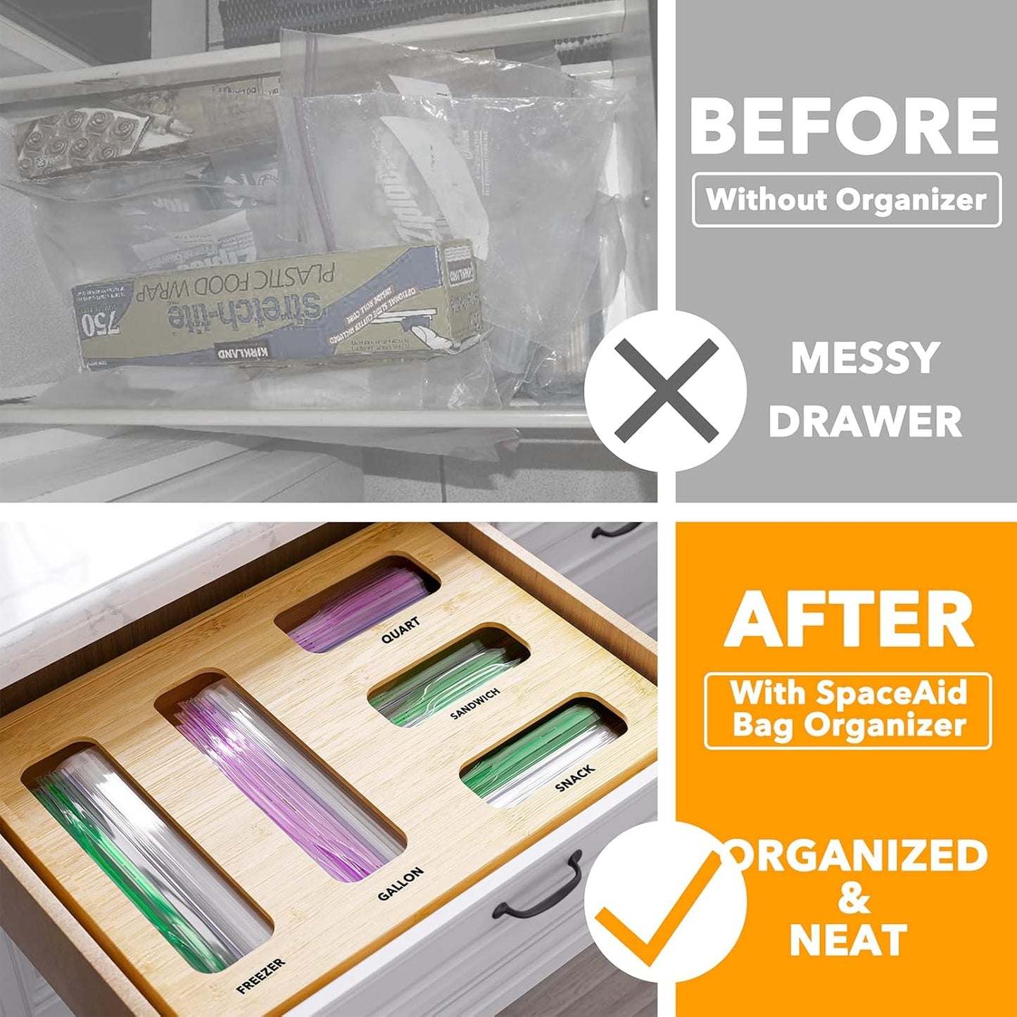 SpaceAid Bag Storage Organizer for Kitchen Drawer, Bamboo Organizer, Compatible with Gallon, Quart, Sandwich and Snack Variety Size Bag (1 Box 4 Slots)