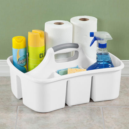 Sterilite Divided Ultra Caddy Storage Organizer for Bathroom, White, 4-Pack | Large Organization Holders and Stackable Plastic Containers for Toilet, Sink, Laundry, and Kitchen Cleaning Supplies