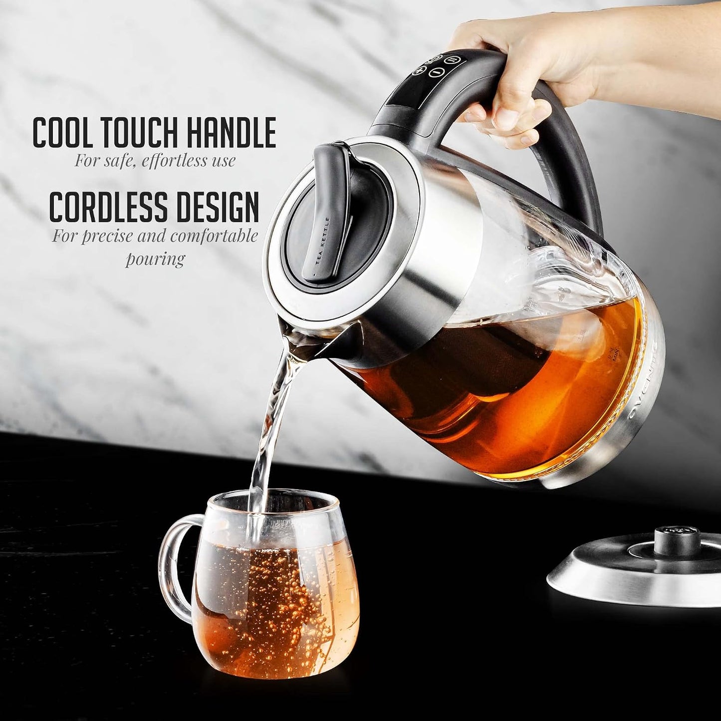 OVENTE 1.8L Glass Electric Kettle with Tea Infuser, Silver KGD752S | 1500W Fast Boiling, Easy Fill Lid, 7 Temperature Control, Keep Warm, Digital Display, Auto Shut-Off, Boil-Dry Protection