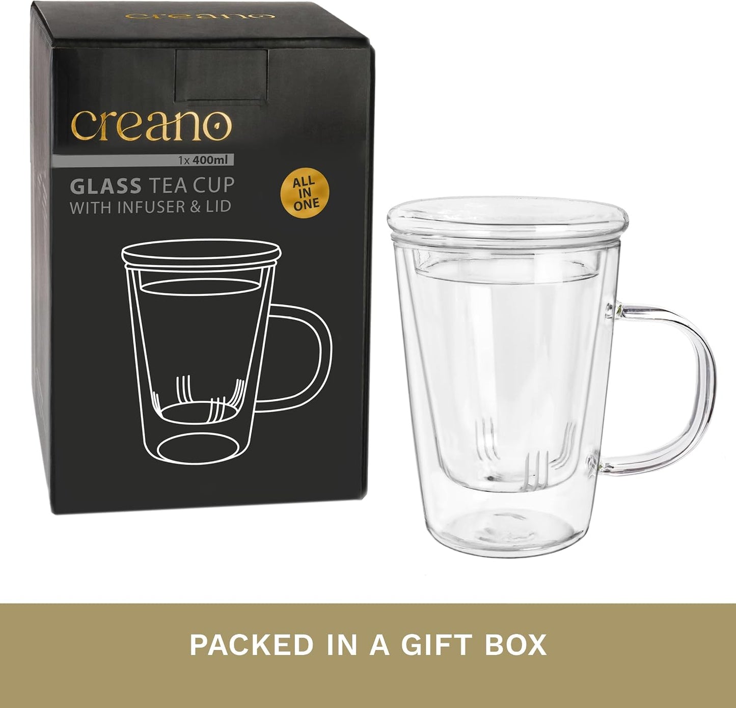 Creano Tea Glass with Infuser and Lid 400ml - Large Tea Cup - Microwave & Dishwasher Safe - Loose Leaf Tea Maker Gift Set