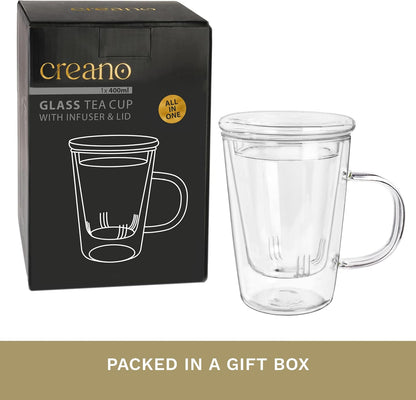 Creano Tea Glass with Infuser and Lid 400ml - Large Tea Cup - Microwave & Dishwasher Safe - Loose Leaf Tea Maker Gift Set