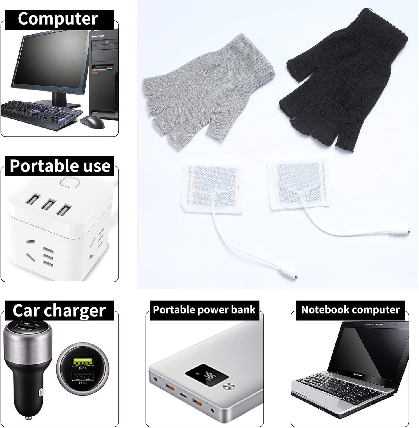 2 Pairs USB Heated Gloves for Men and Women, USB 2.0 Powered Stripes Heating Pattern Knitting Wool Design Winter Gift
