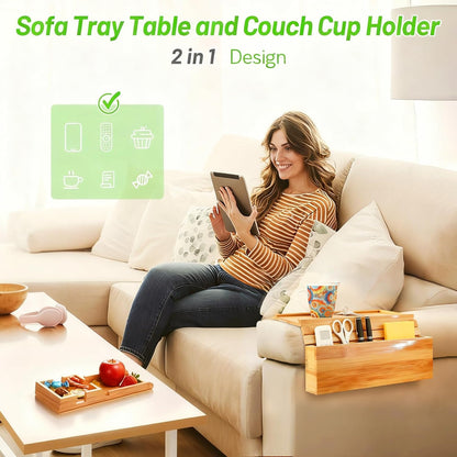 Bamboo Couch Arm Tray Sofa Armrest Tray Cup Holder,2-in-1 Couch Armrest Tray with Slide Detachable Tray,Couch Caddy,Slip Foldable Sofa Table,Phone Stand,Book Holder (Bamboo)