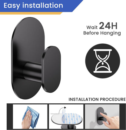 Aikzik Adhesive Towel Hooks - 4 Pack 26LB Extra Strong Heavy Duty Wall Hooks for Bathroom/Shower Door Hanging Coat, Robe, Towel, Dogs' Leads and Collars (Matte Black, Stainless Steel)