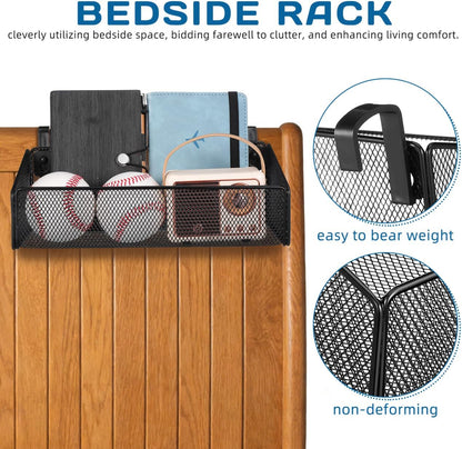 Luxshiny Bedside Hanging Storage Basket, Beside Shelf Metal Organizer Rack | No Drilling Required, Attaches to Bed Frame or Desk, Stores Phone and Books, 1 Basket with 10 Hooks