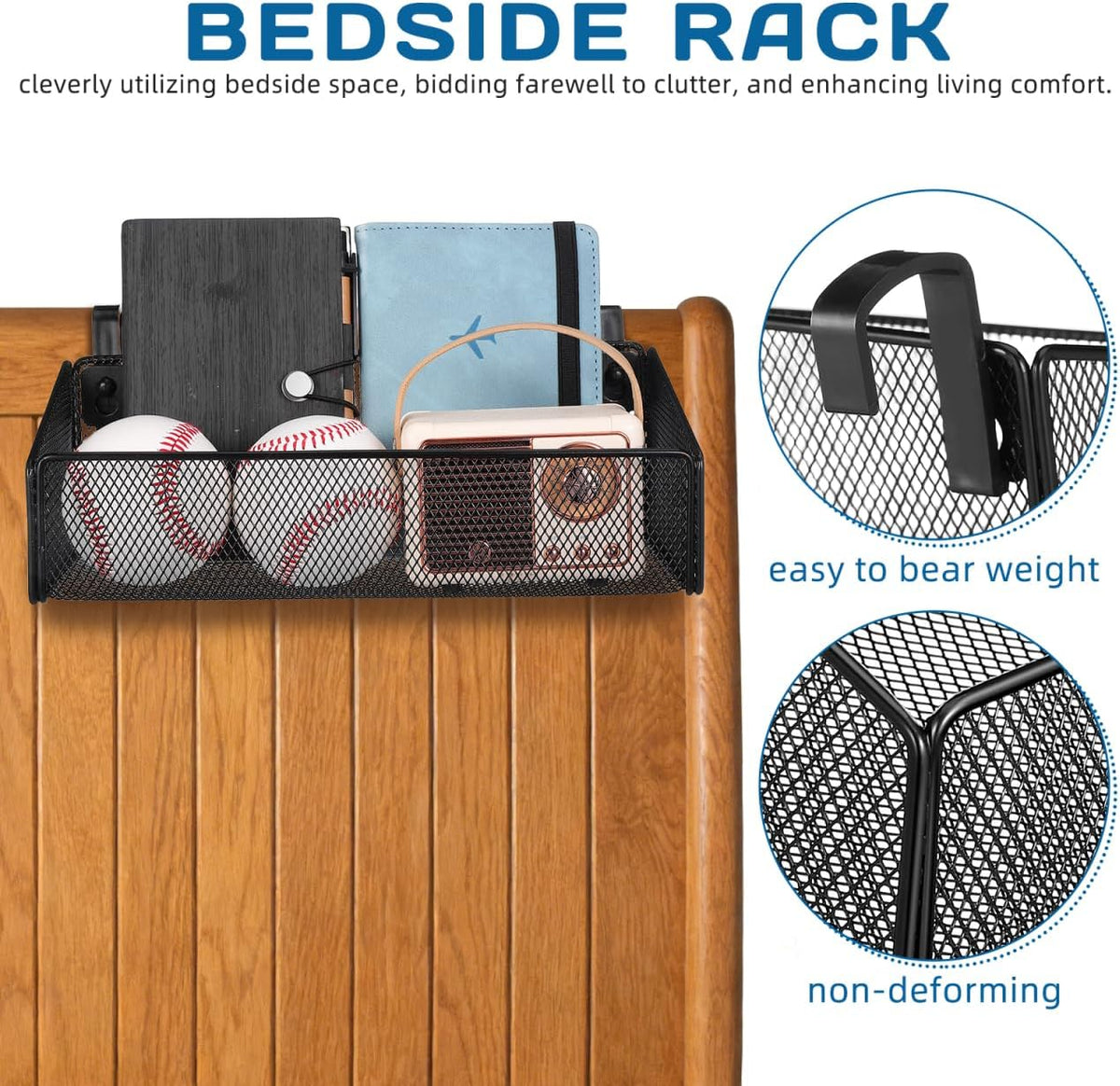 ULTECHNOVO Bedside Hanging Storage Basket Dorm Bedside Organizer with Hooks for Bunk Beds Railings and College Dorms 10.62 X 4.72 X 3.54 in Hanging Shelf for Books Phone Glasses