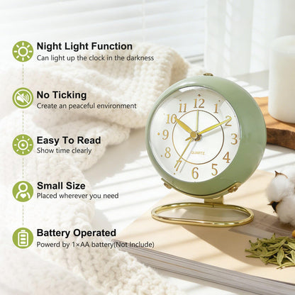 Analog Alarm Clock, Retro Small Desk Clock with Night Light, Backlight Cute Simple Design, Silent Non-Ticking, Battery Powered, Clock for Bedroom,Travel,Kitchen,Bedside Desktop Decor