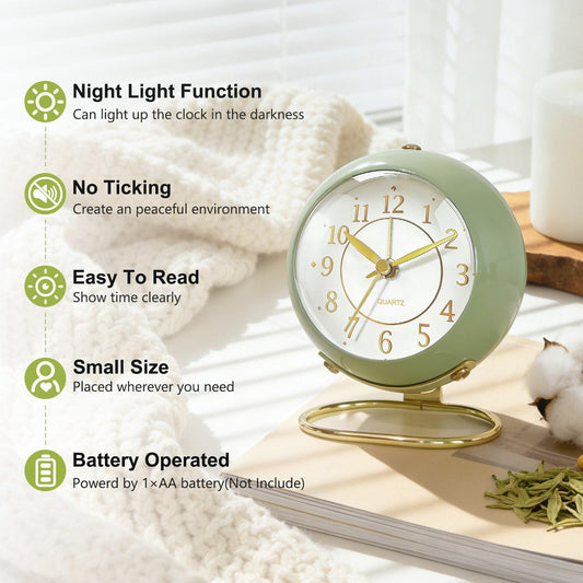 Analog Alarm Clock, Retro Small Desk Clock with Night Light, Backlight Cute Simple Design, Silent Non-Ticking, Battery Powered, Clock for Bedroom,Travel,Kitchen,Bedside Desktop Decor
