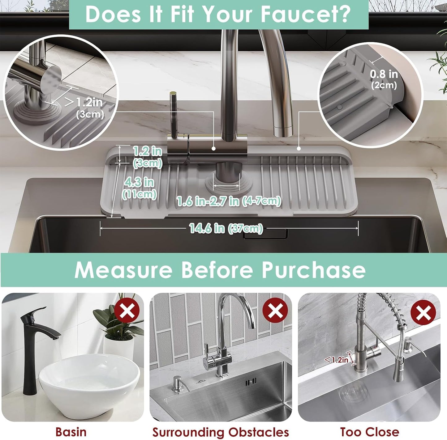 24-Inch Silicone Faucet Mat for Kitchen Sink Splash Guard, 7° Slope | 24"x5.5" water draining mat with fasten button; 1.6-2.75" customizable hole for bathroom, RV & kitchen sink drip catcher.