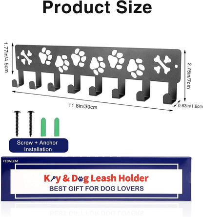 Key Holder Wall Mount & Dog Leash Holder for Wall, Metal Key Rack with 8 Hooks for Entryway/Hallway/Kitchen Decor, Dog Paws Design Wall Organizer 11.8×2.6 Inch with Screw Anchors (Black-Paws)