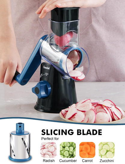 Geedel Rotary Cheese Grater, Kitchen Mandoline Vegetable Slicer with 3 Interchangeable Blades, Easy to Clean Rotary Grater Slicer for Fruit, Vegetables, Nuts | 3 Blades, 430 Stainless Steel, 12x Fast Cutting, Strong Suction Base, No BPA, Dishwasher Safe,
