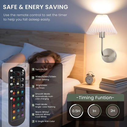 Rechargeable Battery Operated Wall Sconce Sets of 2, 15 Colors Wireless gooseneck Black Wall Lights Fixture with Dimmable Bulbs and Remote, Not Hardwired Wall Mounted Lamps for Bedroom Living Room