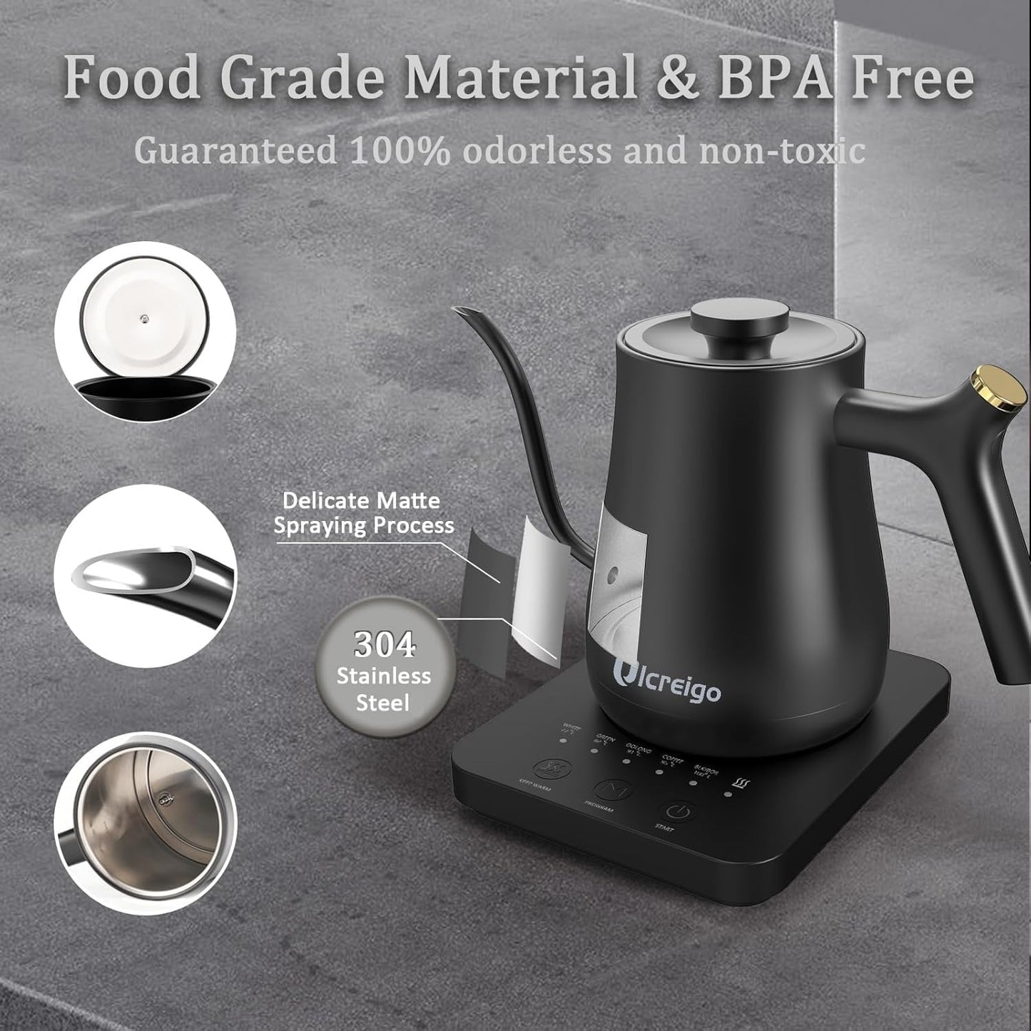 Gooseneck Electric Kettle,Ulcreigo Electric Kettle Temperature Control Tea Kettles for Boiling Water with 5 Variable Presets,Hot Water Boiler Heater for Coffee,304 Stainless Steel Black Color