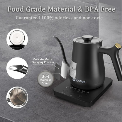 Gooseneck Electric Kettle,Ulcreigo Electric Kettle Temperature Control Tea Kettles for Boiling Water with 5 Variable Presets,Hot Water Boiler Heater for Coffee,304 Stainless Steel Black Color