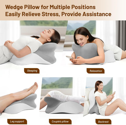 Memory Foam Ergonomic Wedge Pillow, Reading Pillow for Bed, Headboard Pillow Support for Back Pain, Acid Reflux & Sitting Up, Ideal for Massage with Removable Cover