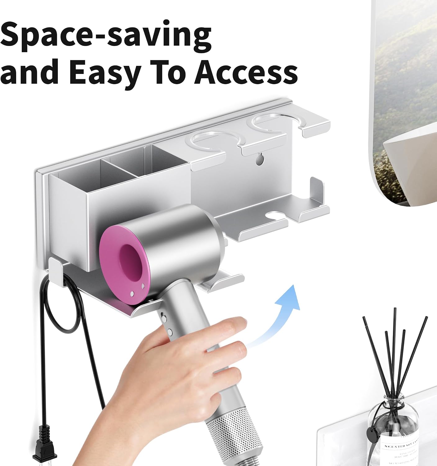 Hair Dryer Holder, Hair Tool Organizer Wall Mount, Adhesive or Drill, White | Blow Dryer Holder for Dryer Hook, Straightener Curling Irons Hairdryer Hair Appliance Hanger for Salon Bathroom Wall Storage